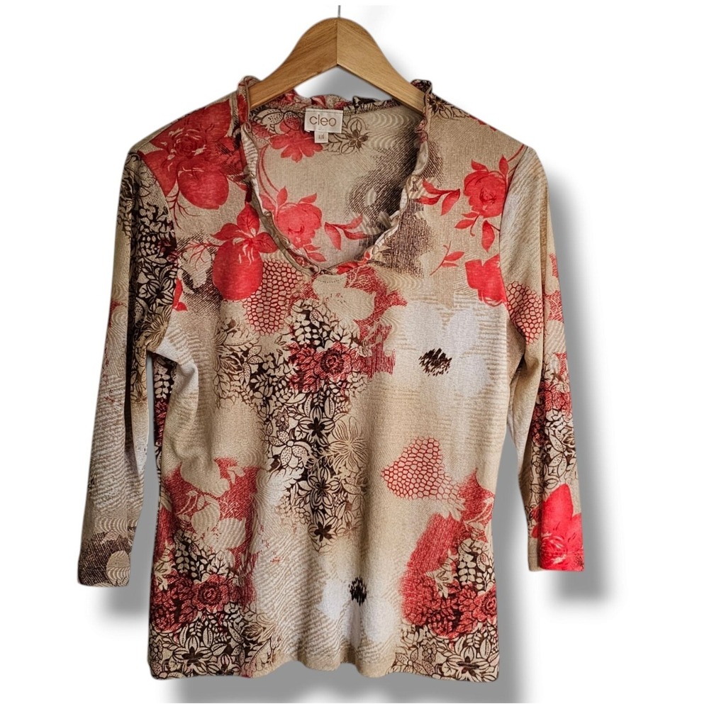 Y2K 90s Cleo Floral‎ Top M Mesh Beige Red Ruffle 3/4 Sleeves Fairy Grunge Whimsy